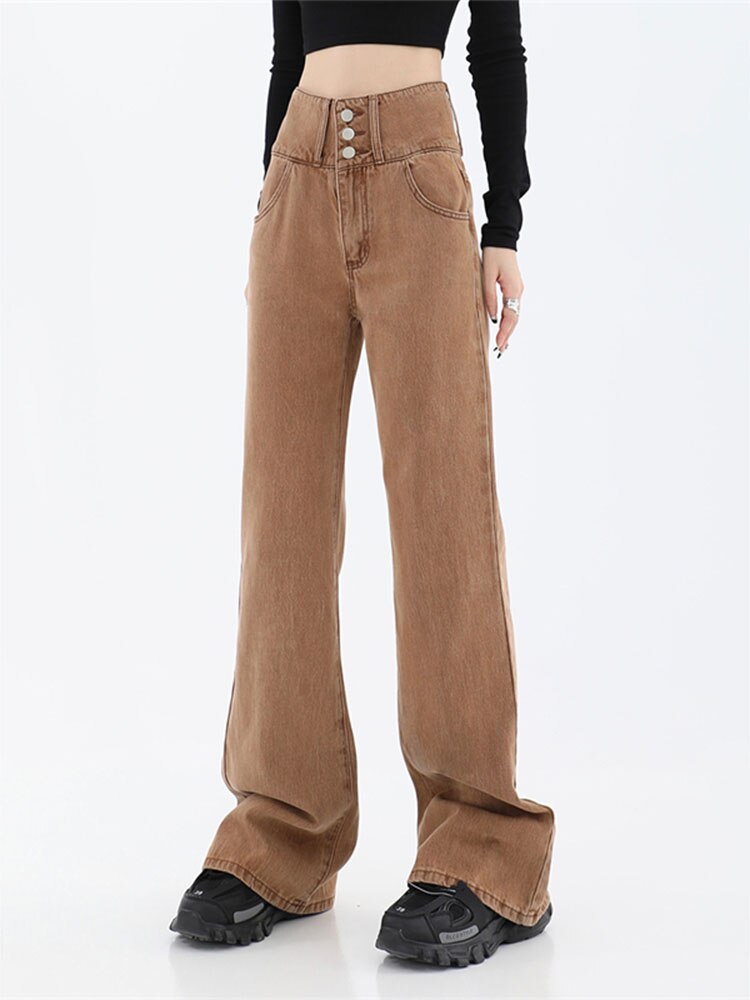 Y2K Brown Flare Jeans Solid Pockets Slim Trousers Low Waisted Aesthetic Grunge Fairycore Joggers Autumn 2022 Women C